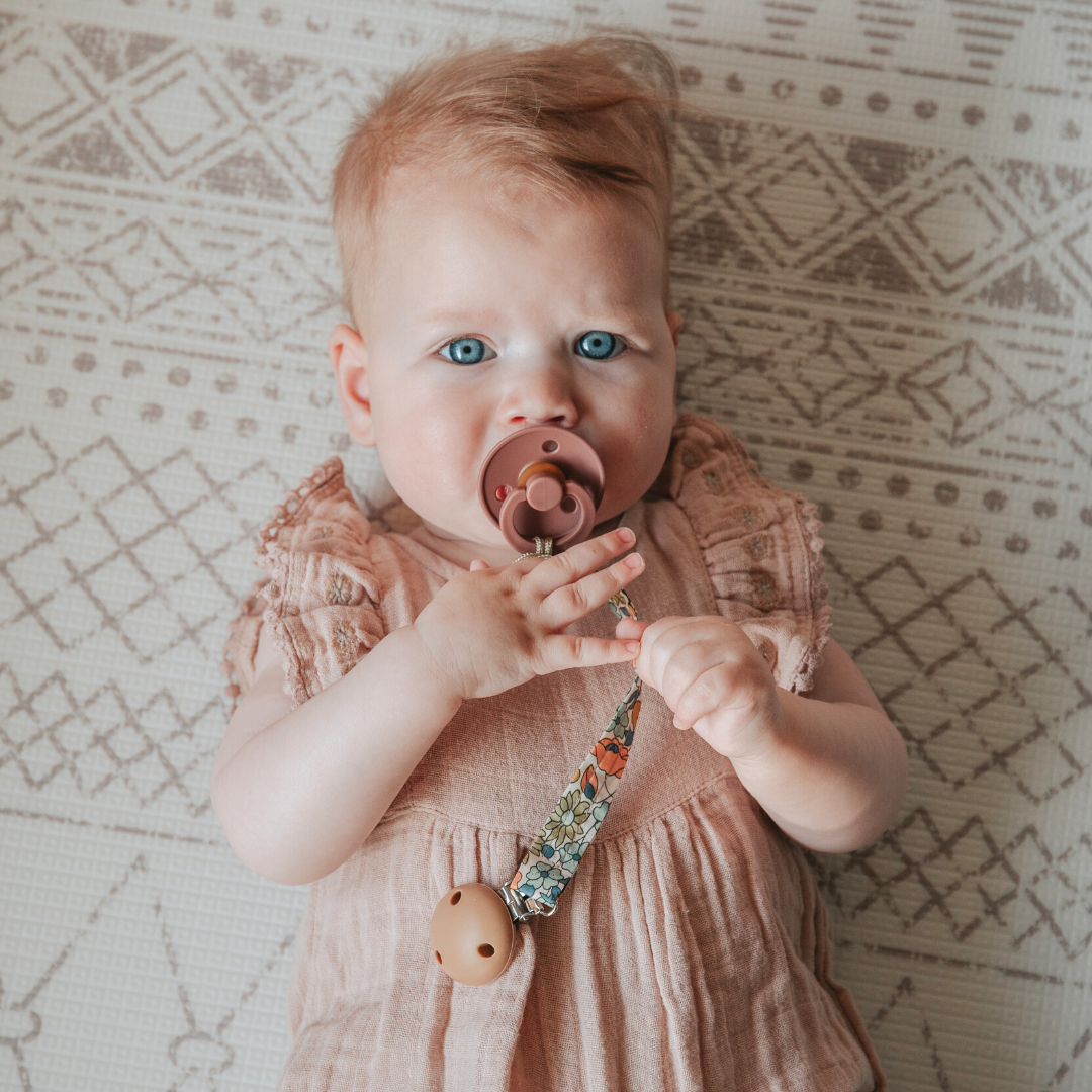 Baby girl with retro garden dummy clip.